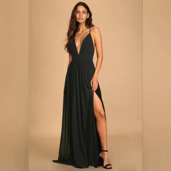 Lulu's Ballroom Bliss Black Pleated Maxi Dress Wedding Party Guest Bridesmaid - Picture 2 of 12